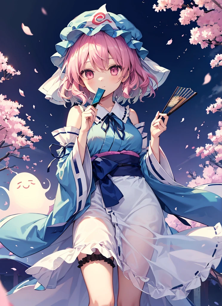 1girl, saigyouji yuyuko (touhou), pink eyes, short hair, wavy hair, pink hair, blue headwear, mob cap, neck ribbon, black ribbon, blue kimono, frilled kimono, obi, long sleeves, wide sleeves, frilled sleeves, sleeve garter, triangular headpiece, blue bow, waist bow, hitodama, ghost, folding fan, saigyouji yuyuko's fan design, shippou (pattern), goshoguruma, cherry blossoms