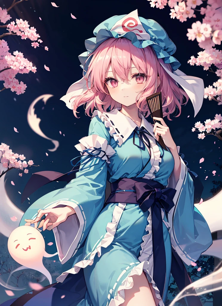 Illustration of Yuyuko Saigyouji in a coffin, masterpiece, fine detail, 4k, 8k, 12k, solo, one person, beautiful girl, white woman, Yuyuko Saigyouji, eyes closed, cherry blossom petals on the floor, purple cherry blossom