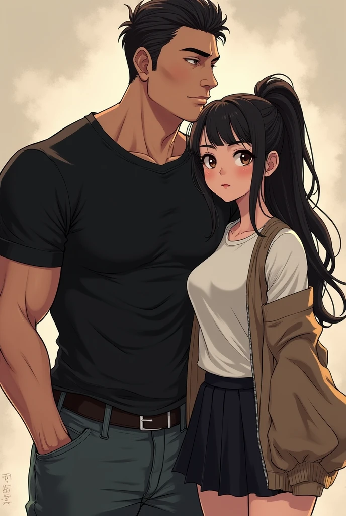 couple,the muscles handsome yakuza man ((black tshirt and jeans )) with a cute girl ((wearing a skirt and tshirt , and sweater))