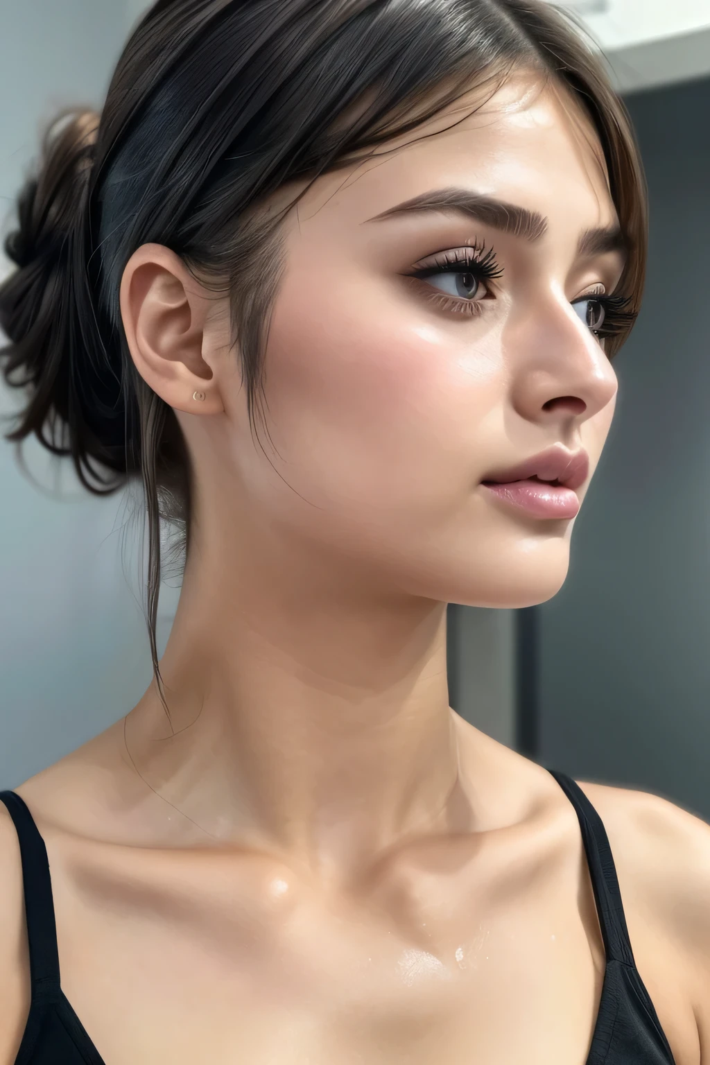 Taylor Hill、High resolution realistic photos,8k,Realistic skin texture,to be born々New People々々々々,1 girl,Tabletop,,Awards - Winning Photos, Very detailed, Close your eyes, Nose and mouth,Face Focus, Extreme close up of face、Woman with open mouth and closed eyes, Black camisole、20-year-old,Black-haired、Symmetrical face,Realistic nostrils、Angle from below、Elongated C-shaped nostrils,((Gray background))、Sweaty skin、Lighting that highlights glowing skin caused by sweat、((Sharp Nose))Skin shiny with sweat、Glowing Skin、Sweaty hair、sunlight、(Brow wrinkles)((Frowning))、((Thin eyebrows))((Oily skin、Glowing Skin))、double eyelid、Tied Hair、updo、Lift your head((Super wet skin))(((Profile with a wide nasal septum,nasal septum,profile)))