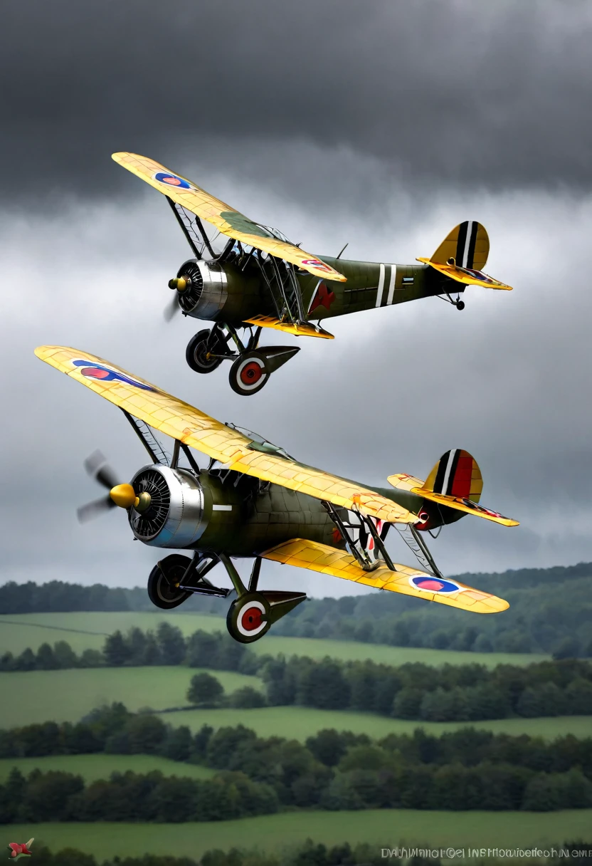 1920s german fighter plane,ww1 triplane,german air force,flying gracefully through the sky,soaring over a rural landscape,gray cloudy sky background,best quality,professional lighting,realistic 3d,masterpiece,photorealistic,highly detailed,cinematic lighting,dramatic atmosphere,world war 1 era,historical military aircraft,accurate historical details