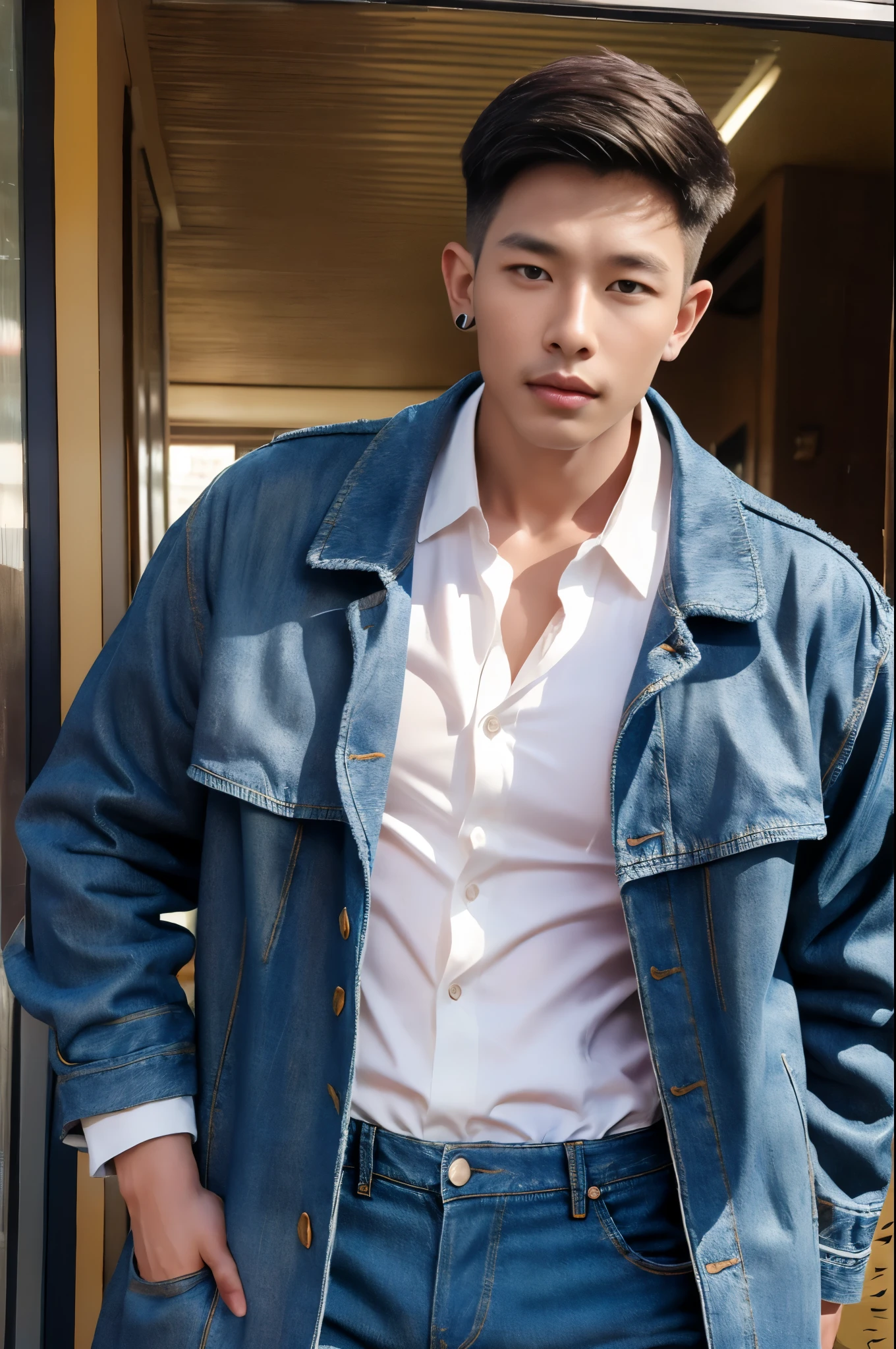 Handsome young man, (have a mustache:1) ,(buzz cut:1.1), (short hair:1.2), The forearms are muscular., (Denim coat:1.5), (white shirt:1.5),Jeans, Big muscles, Handsome and muscular, full body angle, (Fitness:1.1), natural light