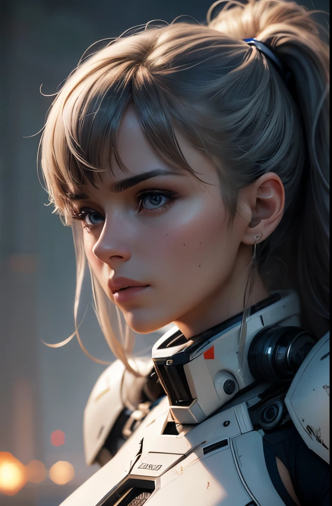 masterpiece, best quality, ultra realistic, hyper-detailed, 8k resolution, RAW photo, sharp focus, (1girl), solo, gorgeous face, perfect body, mature female, 25yo, portrait, mecha, white armor, nanosuit, sexy, messy hair, cinematic, cinematic light, dark theme