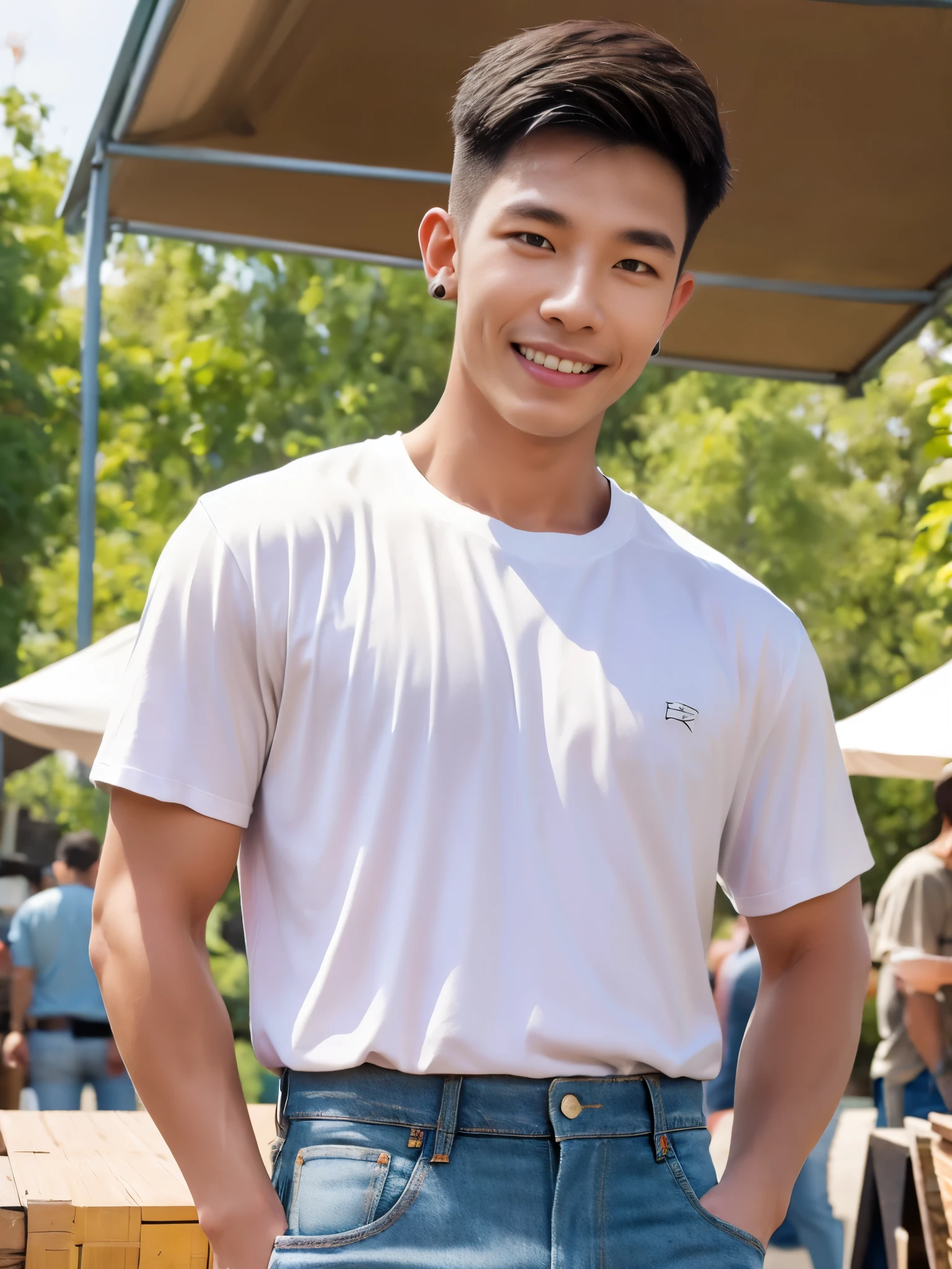 afmface ,Handsome young man smiles, showing teeth, selling merchandise, (have a mustache:1) ,(buzz cut:1.1), (short hair:1.2), The forearms are muscular., (jeans shirt:1.5), (white shirt:1.5),Jeans, Big muscles, Handsome and muscular, full body angle, (outdoor market:1.3), natural light