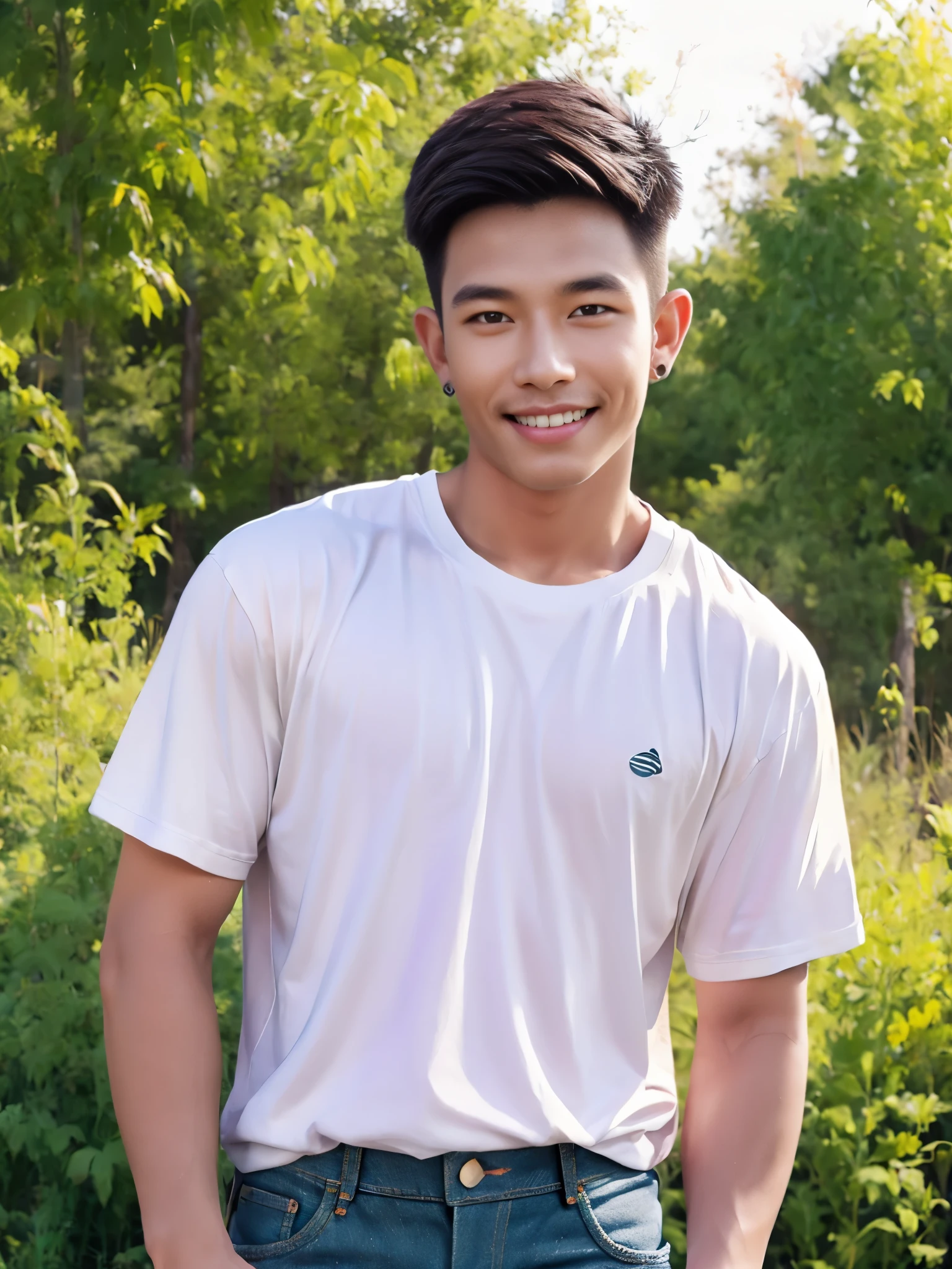afmface ,Handsome young man smiles, showing teeth, selling merchandise, (have a mustache:1) ,(buzz cut:1.1), (short hair:1.2), The forearms are muscular., (jeans shirt:1.5), (white shirt:1.5),Jeans, Big muscles, Handsome and muscular, full body angle, (outdoor market:1.3), natural light