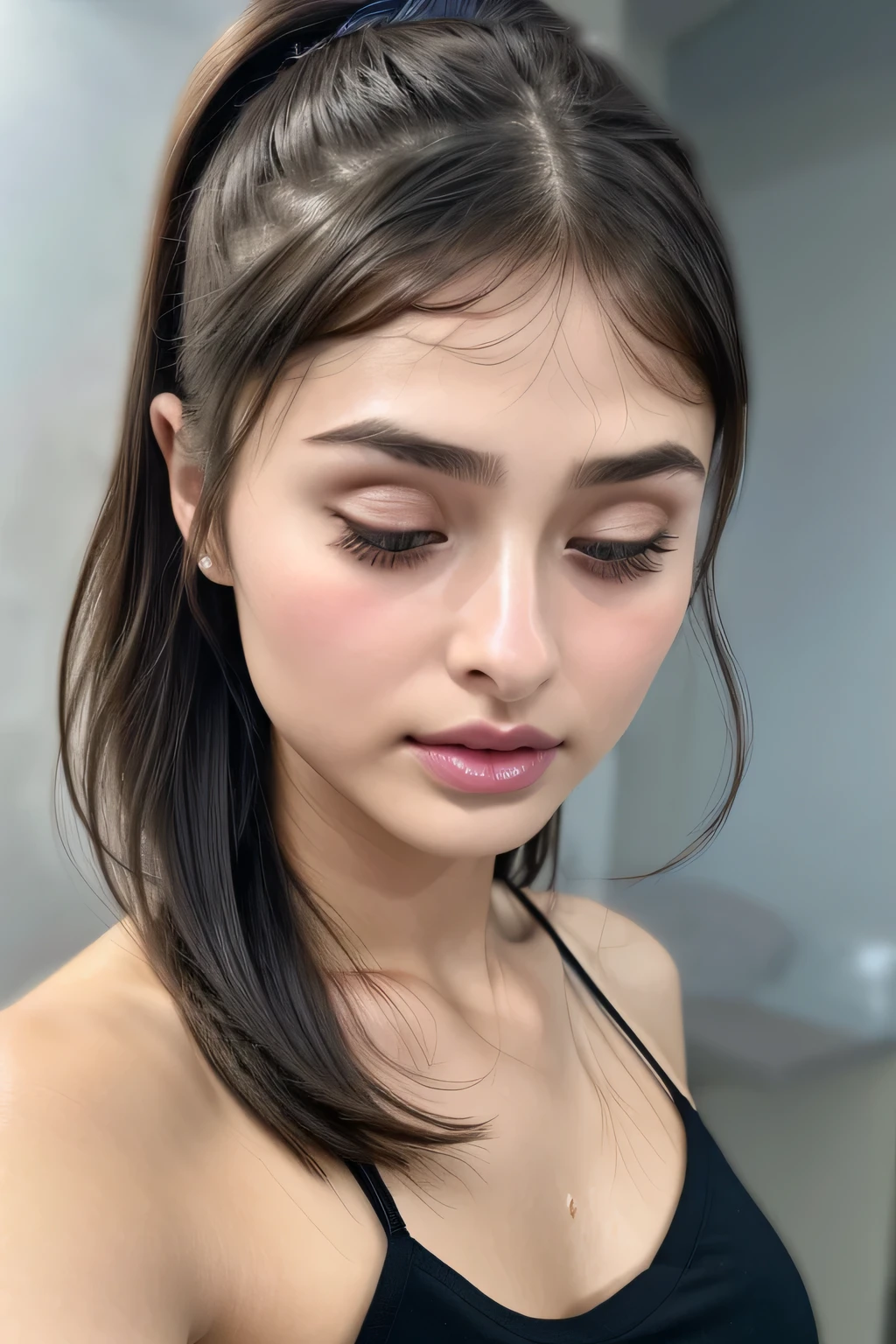 Taylor Hill、High resolution realistic photos,8k,Realistic skin texture,to be born々New People々々々々,1 girl,Tabletop,,Awards - Winning Photos, Very detailed, Close your eyes, Nose and mouth,Face Focus, Extreme close up of face、Woman with open mouth and closed eyes, Black camisole、20-year-old,Black-haired、Symmetrical face,Realistic nostrils、Angle from below、Elongated C-shaped nostrils,((Gray background))、Sweaty skin、Lighting that highlights glowing skin caused by sweat、((Sharp Nose))Skin shiny with sweat、Glowing Skin、Sweaty hair、sunlight、(Brow wrinkles)((Frowning))、((Thin eyebrows))((Oily skin、Glowing Skin))、double eyelid、Tied Hair、updo、Lift your head((Super wet skin))(((Profile with a wide nasal septum,nasal septum,profile)))