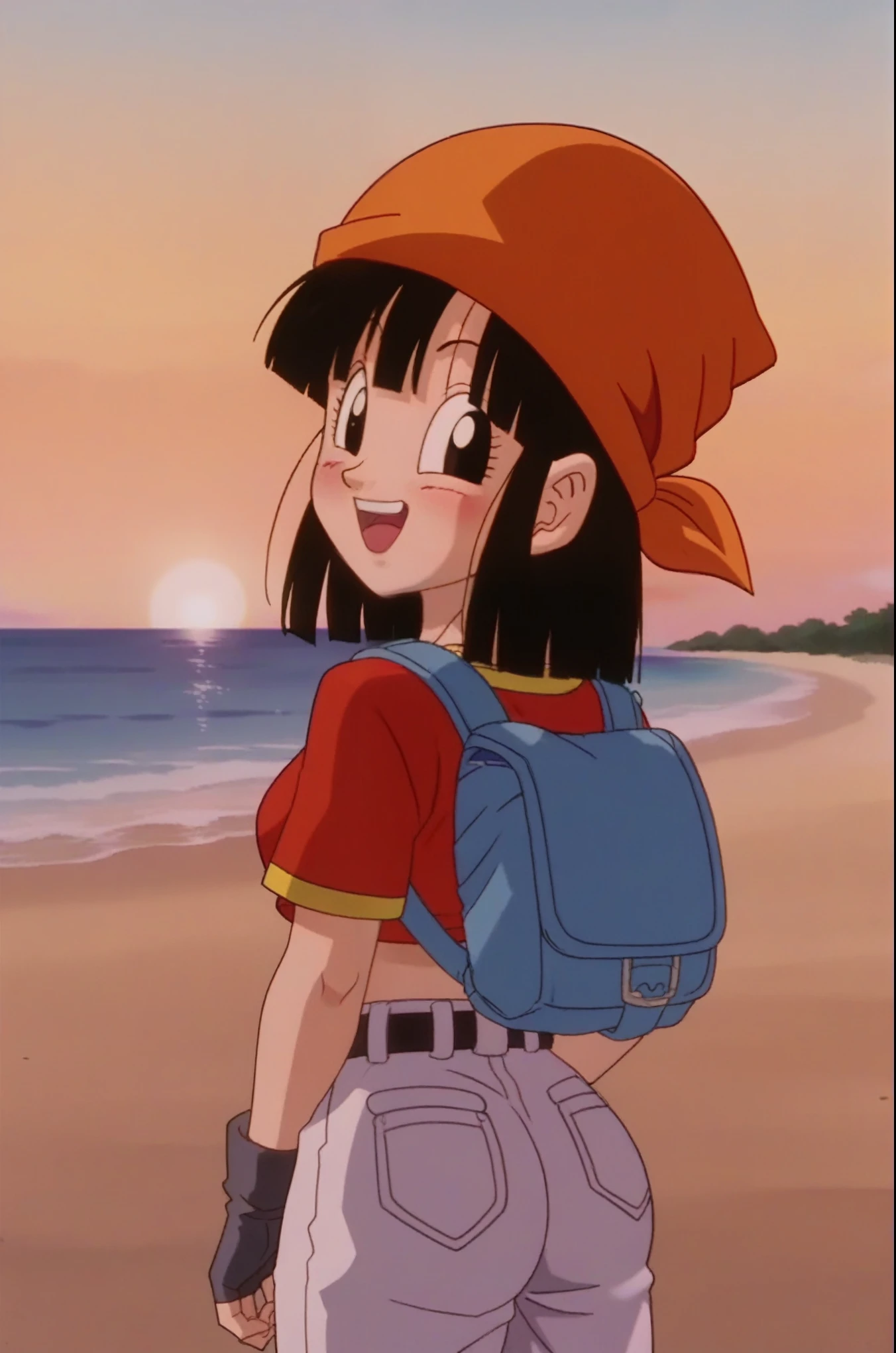 source_anime, score_9, score_8_up, score_7_up, anime screencap, 
pangt, 1girl, smile, bangs, happy, blushing, grass, black hair, sunset, Watching the sunset, beach in open sea sunset, sun, collarbone, whole body, teeth, blunt bangs, outdoors, black eyes, eyelashes, upper teeth only, red crop top, bandana, retro artstyle, , 1990s \(style\), orange headwear, medium ass, breasts