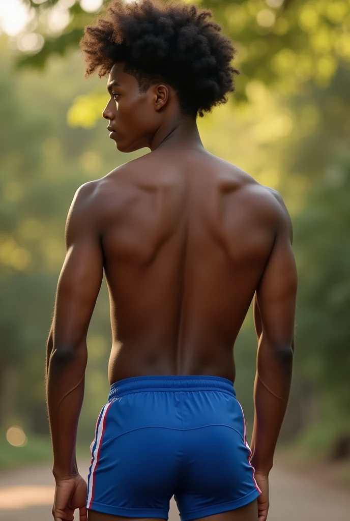 skinny biracial boy with bubble butt, 21 years old, curly afro, high detail, full body, photography, homoerotic, perfect face, skinny, lean, 8k, realistic, ultra hd, realistic, vivid colors, highly detailed, perfect composition, beautifully detailed intricate insanely detailed, 8k artistic photography, soft natural volumetric cinematic perfect light, huge manly bubble butt, highly detailed and perfect face, realistic hands, blue shorts, from the back