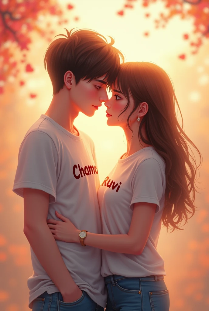A 20-year-old boy and a boy are in love. The boy&#39;s shirt says Chamo 2003. The girl&#39;s shirt says Ruvi 2003.