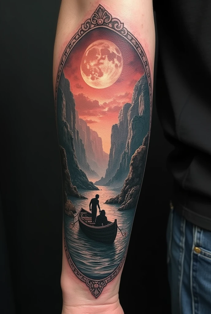 a tattoo on the arm with Charon, who is sailing in a boat with a dead person across the Styx in which they have a soul and are trying to get to the boat, also put Moira, which weave life lines and Thanatos in the distance, everything should be in the background of Hades. Visualization of a tattoo on the frame