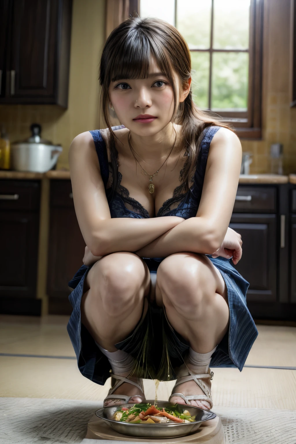 (realistic,photo-realistic:1.4),(masterpiece,best quality:1.2), RAW photo, high resolution, intricate details, extremely detailed, realistic and sharp details, portrait, (view from below), looking at viewer, solo, a yo Japanese woman, (wearing a lingerie), dark hair, bangs, ponytail, hair ornament, hair scrunchie, smaller face, bacute face, detailed face, detailed eyes, sophisticated nose, fine textured skin, pale skin, necklace, jewelry, sandals, (peeing self, urinate profusely into a cooking dish, squatting with spread legs apart on the floor and straddling a cooking dish filled with foods, pee puddle in dish, urination:1.5), photo background, indoors, large room in hotel, lighting, bright, (crowd in background:1.5),