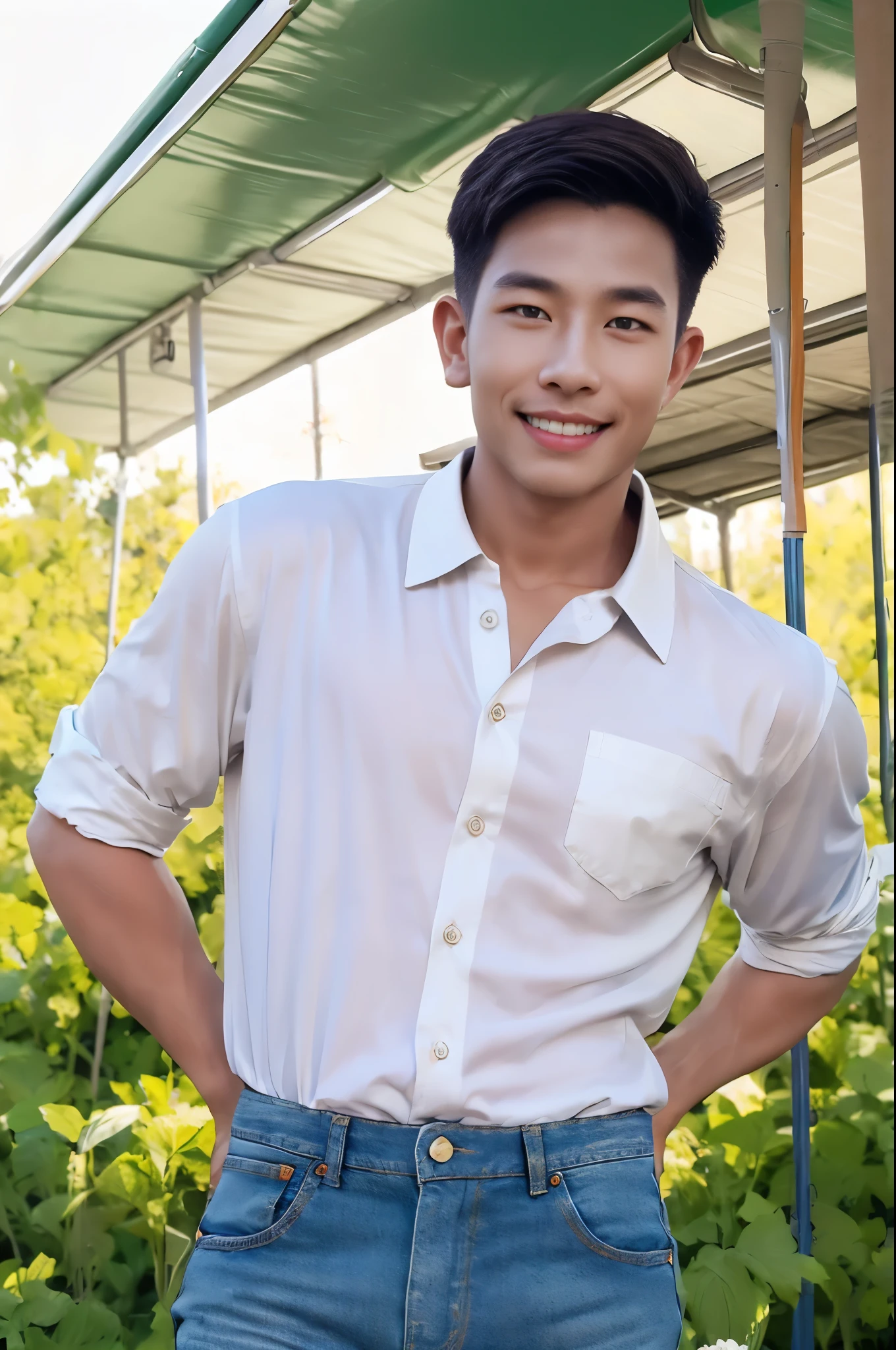 afmface ,Handsome young man smiles, showing teeth, selling merchandise, (have a mustache:1) ,(buzz cut:1.1), (short hair:1.2), The forearms are muscular.,  (Wear a tight white button-up collared shirt.:1.6), (Jeans:1.5), Big muscles, Handsome and muscular, full body angle, (outdoor market:1.3), natural light