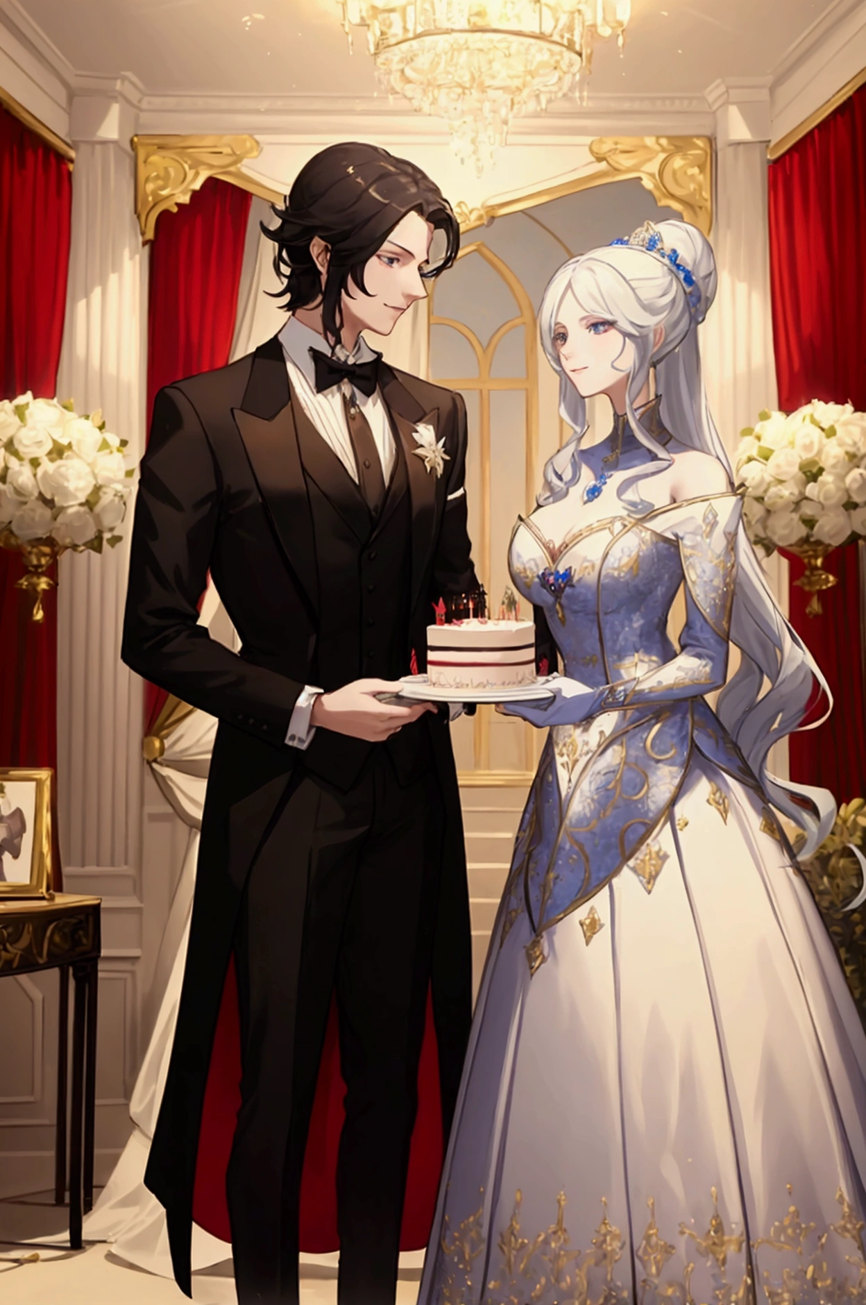 "Create an image of Wriothesley and Neuvillette from the game Genahin Impact in elegant tuxedos, standing together and holding a beautifully decorated birthday cake. The setting is a classy, festive room with subtle decorations and soft lighting that highlights the celebratory atmosphere."