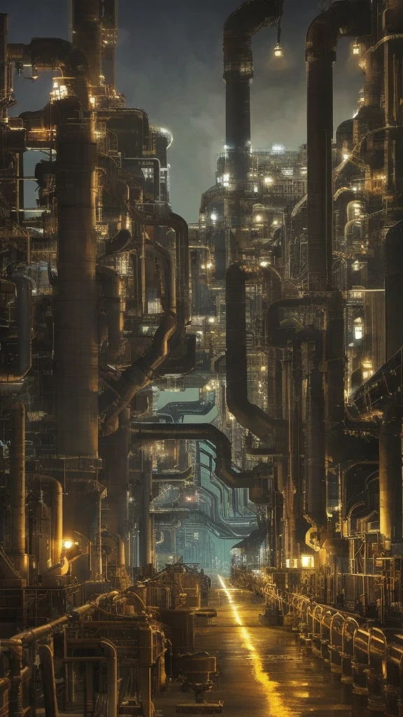 Background only、Night view of the factory、Shining、Petrochemical complex night view、Pipes cross、Pale white light、Looks like a photo、View from the sea、future的な工場、cyber punk、See the full picture、future、Beautiful lighting、steampunk