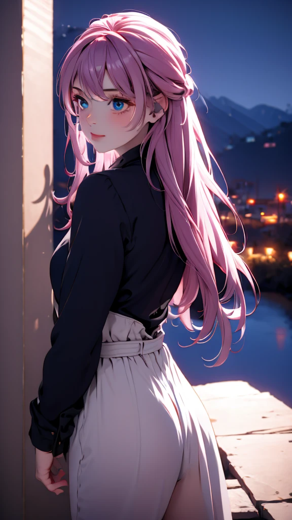 1 Girl , Girl medium light Pink hair, light gray&blue eyes, wearing black suit 4D, night town , high res, ultrasharp, 8K, masterpiece, looking from behind