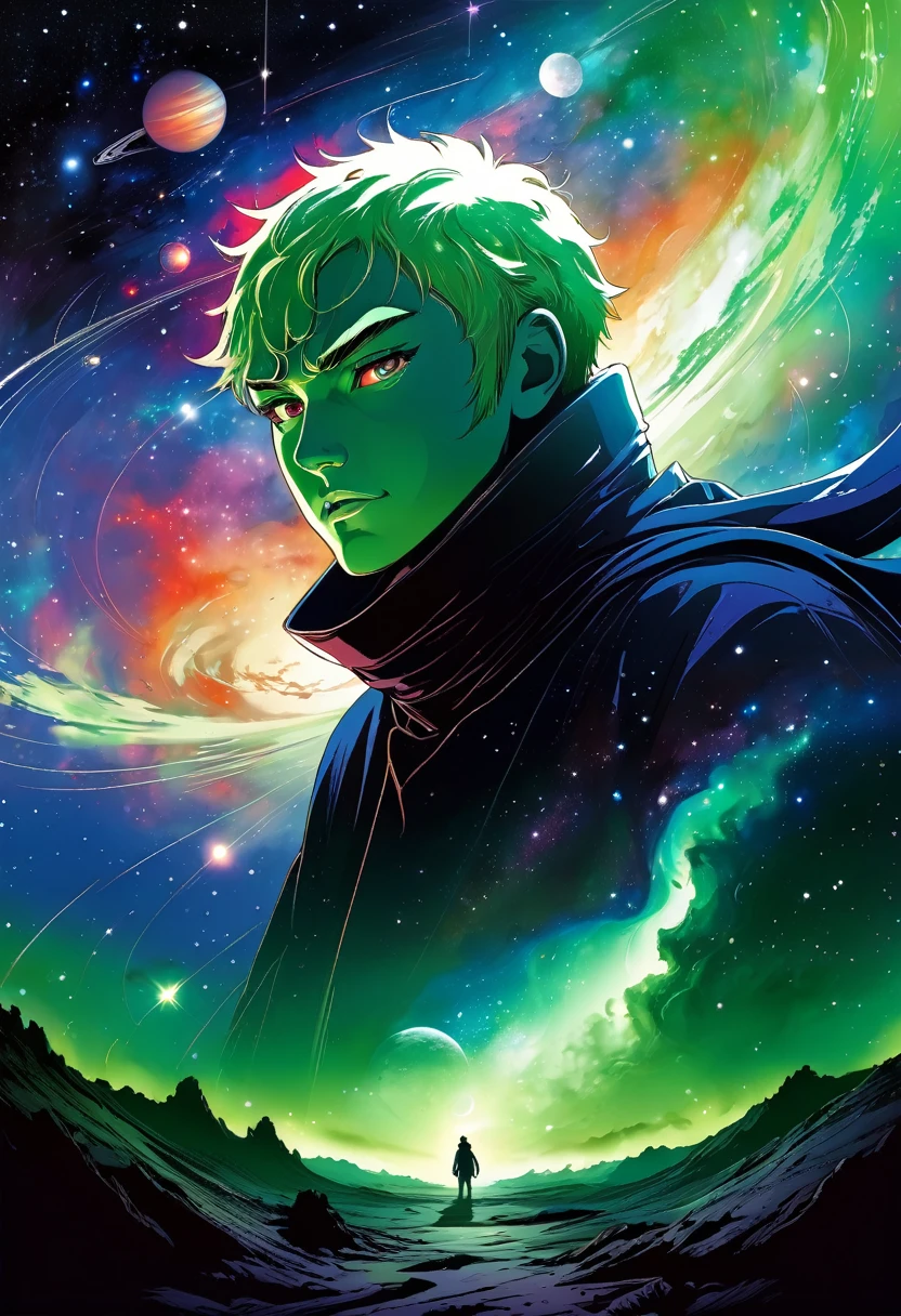 Midjourney, MJ, Midjourney style, poster, manga, anime, 
Space-themed, (Cognitive Vector image:1.3) of (Detailed illustration:1.3),(Happy:1.3) Stubborn â Unwilling to change oneâs opinion or course of action. Example: His stubbornness led to repeated arguments., leaves, storm, comic, glowing edge, dusk, eerie, lonely, spectacular view,,,(by Artist Frank Cadogan Cowper:1.3),(Flat style:1.3),Illustration,Behance,(Gutai Group:1.3),(Green hue:1.3), Cosmic, celestial, stars, galaxies, nebulas, planets, science fiction, highly detailed