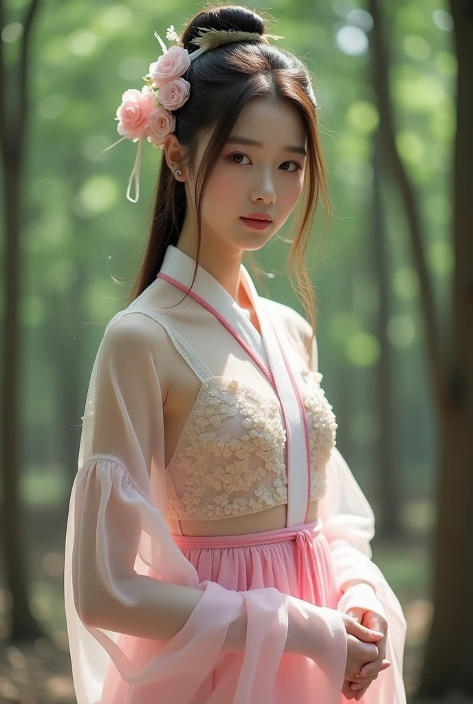 best picture quality,Very detailed,extremely high resolution,Perfect body proportions,Works by top photographers,beautiful girl, (best picture quality, Masterpiece: 1.2), Super detailed, Solo selfie,
full-body shot, (Transparent Hanbok Transparent Korean traditional clothing),Ultra-thin hips,Ultra-thin waist,slender legs, Snow-white skin, Big , Snow-white belly, belly button, Bare shoulders, ((obvious cleavage)), Long legs are exposed, Face focus, standing in the forest.