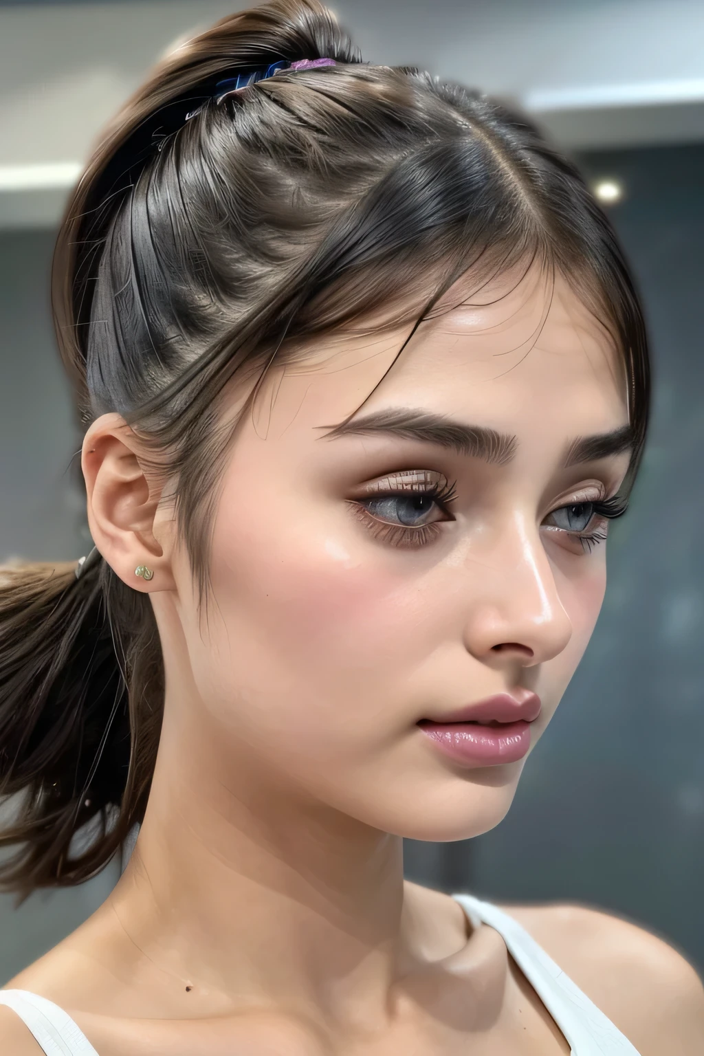 Taylor Hill、High resolution realistic photos,8k,Realistic skin texture,to be born々New People々々々々,1 girl,Tabletop,,Awards - Winning Photos, Very detailed, Close your eyes, Nose and mouth,Face Focus, Extreme close up of face、Woman with open mouth and closed eyes, Black camisole、20-year-old,Black-haired、Symmetrical face,Realistic nostrils、Angle from below、Elongated C-shaped nostrils,((Gray background))、Sweaty skin、Lighting that highlights glowing skin caused by sweat、((Sharp Nose))Skin shiny with sweat、Glowing Skin、Sweaty hair、sunlight、(Brow wrinkles)((Frowning))、((Thin eyebrows))((Oily skin、Glowing Skin))、double eyelid、Tied Hair、updo、Lift your head((Super wet skin))(((Profile with a wide nasal septum,nasal septum,profile)))