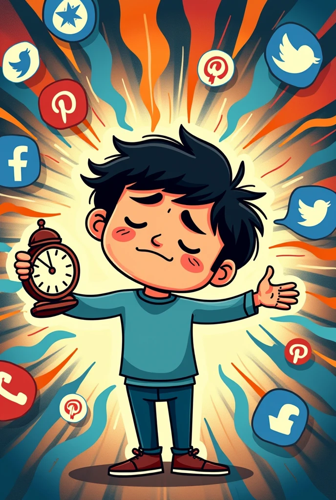 cartoon drawing. person holding a clock or hourglass while being pulled in different directions by various social media icons (like the logos of Facebook, Instagram, Twitter, etc.). The background could be a mix of vibrant colors and chaotic lines representing the overwhelming noise of social media. The person's face is sleepy and lack of sleep