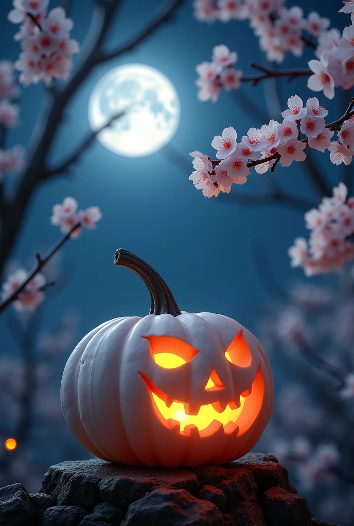 Intricately carved white pumpkin of cherry blossom trees, Jack-o'-Lantern in the moonlight, large moon in the starry night sky. Photography taken by canon eos r5, intricate, highly detailed, fantasy, perfect white balance, action shot, glow, sunlight, uhd edge lighting, prime photography, crisp and smooth line quality, intricate and cinematic details, vibrant nature, warm colors, Artstation, Pinterest