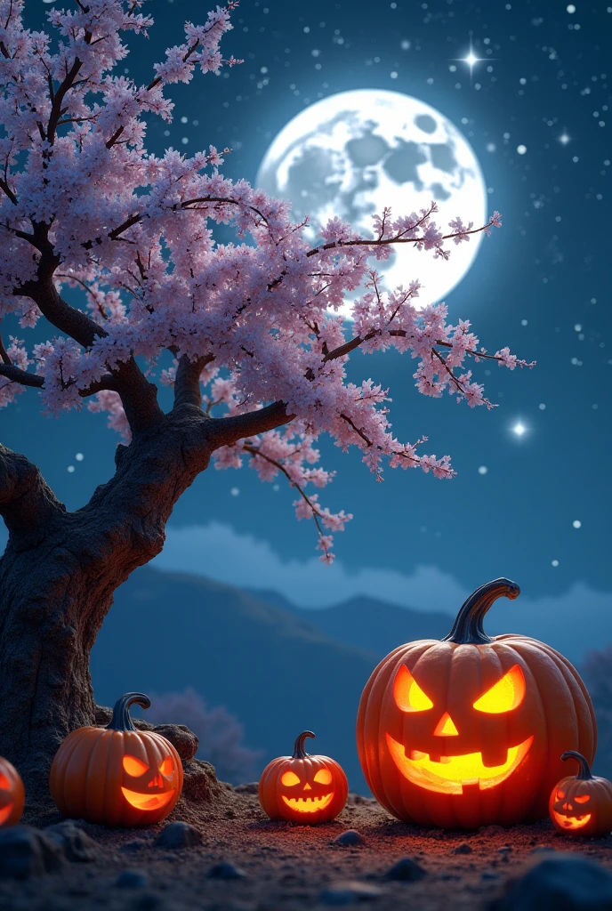 Intricately carved white pumpkin of cherry blossom trees, Jack-o'-Lantern in the moonlight, large moon in the starry night sky. Photography taken by canon eos r5, intricate, highly detailed, fantasy, perfect white balance, action shot, glow, sunlight, uhd edge lighting, prime photography, crisp and smooth line quality, intricate and cinematic details, vibrant nature, warm colors, Artstation, Pinterest