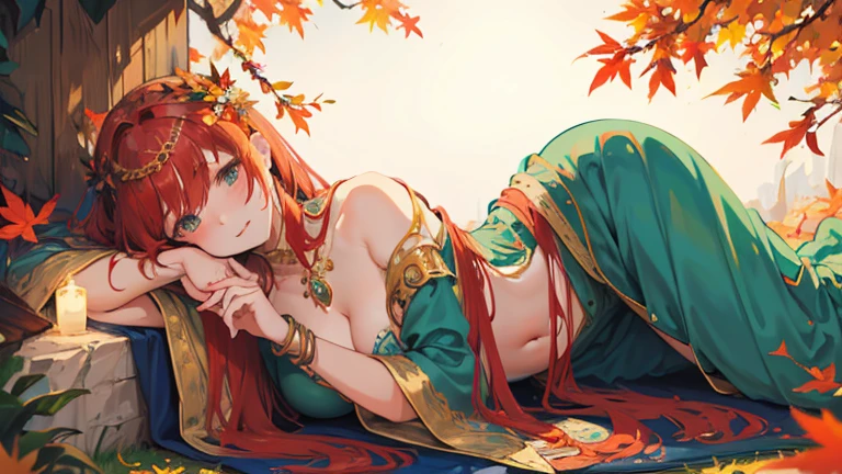 The goddess of autumn lying down, beautiful, Character style, Wearing the clothes of a goddess. There is an autumn-like decoration on the head.. 