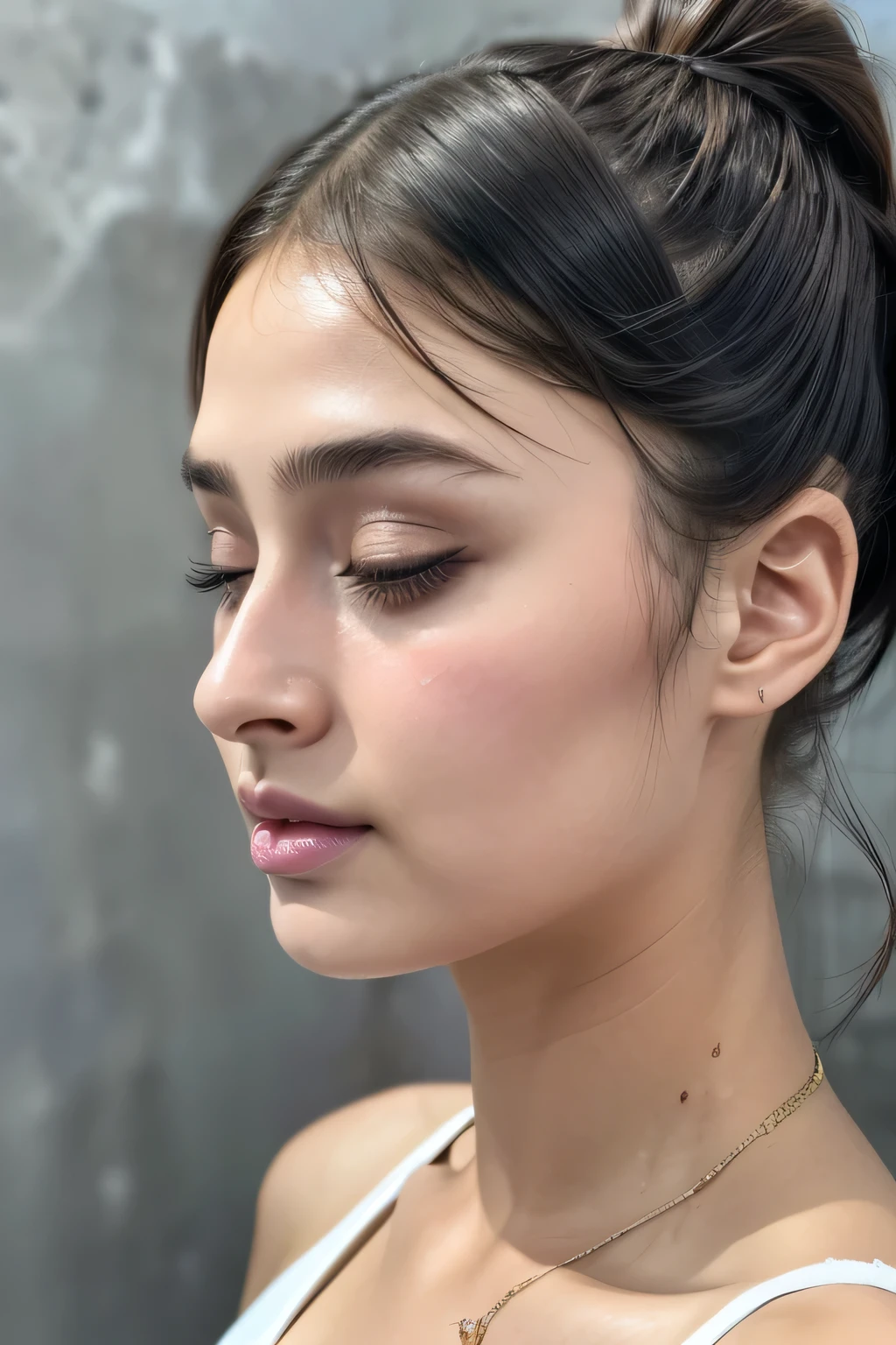 Taylor Hill、High resolution realistic photos,8k,Realistic skin texture,to be born々New People々々々々,1 girl,Tabletop,,Awards - Winning Photos, Very detailed, Close your eyes, Nose and mouth,Face Focus, Extreme close up of face、Woman with open mouth and closed eyes, Black camisole、20-year-old,Black-haired、Symmetrical face,Realistic nostrils、Angle from below、Elongated C-shaped nostrils,((Gray background))、Sweaty skin、Lighting that highlights glowing skin caused by sweat、((Sharp Nose))Skin shiny with sweat、Glowing Skin、Sweaty hair、sunlight、(Brow wrinkles)((Frowning))、((Thin eyebrows))((Oily skin、Glowing Skin))、double eyelid、Tied Hair、updo、Lift your head((Super wet skin))(((Profile with a wide nasal septum,nasal septum,profile)))