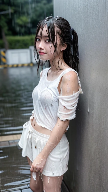 Best image quality, masterpiece, Ultra-high resolution, (Faithfulness:1.4), photograph, high school girl、 White shirt, Torn uniform, White sneakers, dim, darkness, despair, disappointing, poor, movie, tears, tears滴, (Torn clothes:1.5), (Wet clothes:1.4), Exposing shoulders, Real Rain, Wet Hair,..smile