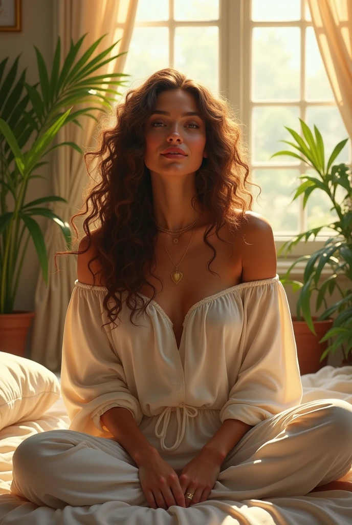 (photorealism:1.2), beautiful woman, sitting on bed, wearing loose off-shoulder top, pajama pants, long curly hair, indoors, soft lighting, plants in background, window with sunlight, cozy room, relaxed pose, realistic, intricate details, warm colors, by Greg Rutkowski, by Alphonse Mucha