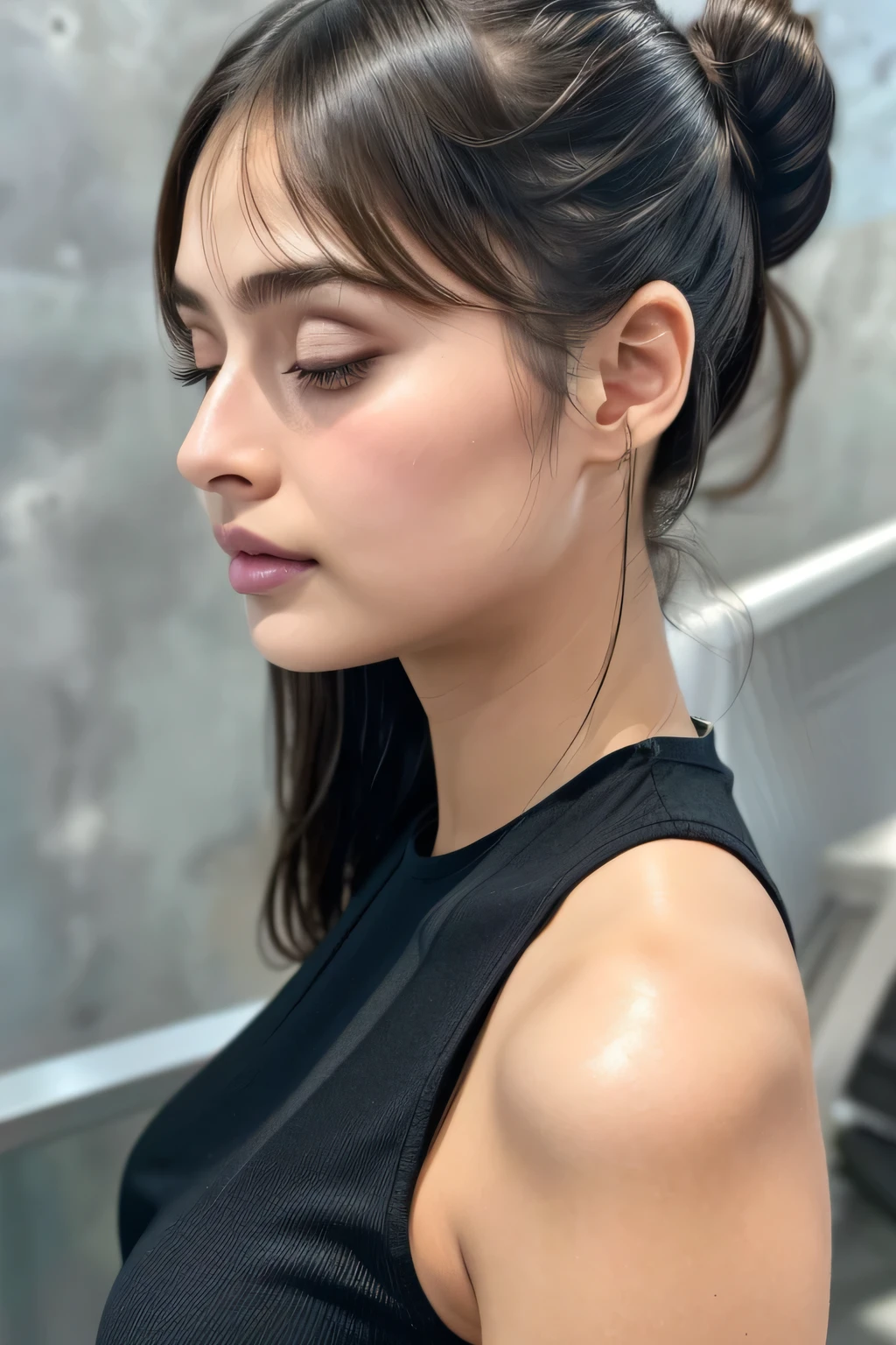 Taylor Hill、High resolution realistic photos,8k,Realistic skin texture,to be born々New People々々々々,1 girl,Tabletop,,Awards - Winning Photos, Very detailed, Close your eyes, Nose and mouth,Face Focus, Extreme close up of face、Woman with open mouth and closed eyes, Black camisole、20-year-old,Black-haired、Symmetrical face,Realistic nostrils、Angle from below、Elongated C-shaped nostrils,((Gray background))、Sweaty skin、Lighting that highlights glowing skin caused by sweat、((Sharp Nose))Skin shiny with sweat、Glowing Skin、Sweaty hair、sunlight、(Brow wrinkles)((Frowning))、((Thin eyebrows))((Oily skin、Glowing Skin))、double eyelid、Tied Hair、updo、Lift your head((Super wet skin))(((Profile with a wide nasal septum,nasal septum,profile)))