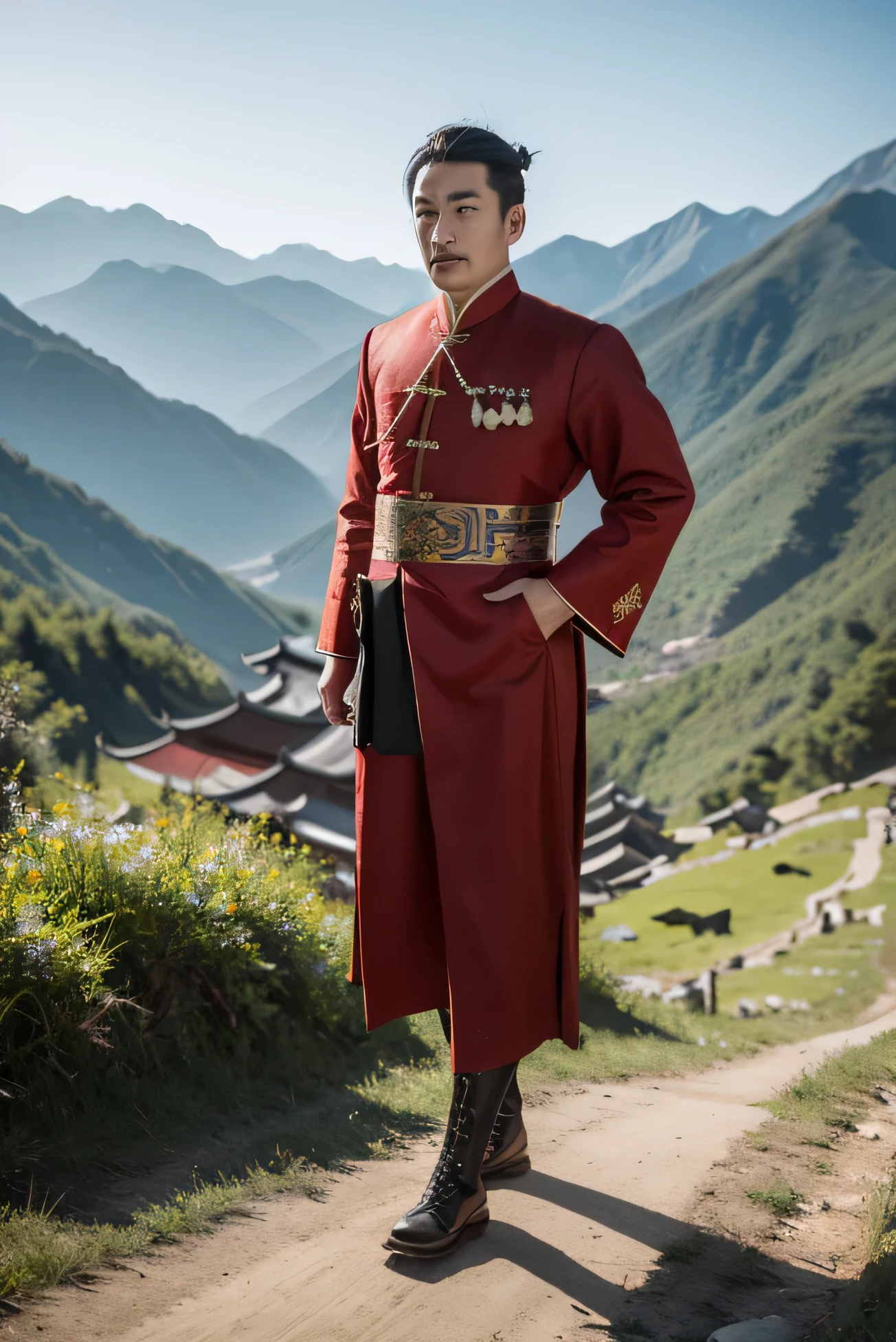 an aristocrat from China from the Qing dynasty dressed in the typical dress of his era his face looks serious full of authority, photo realistic full body wearing metal boots, 4K photo quality set in the mountains in China in the spring afternoon