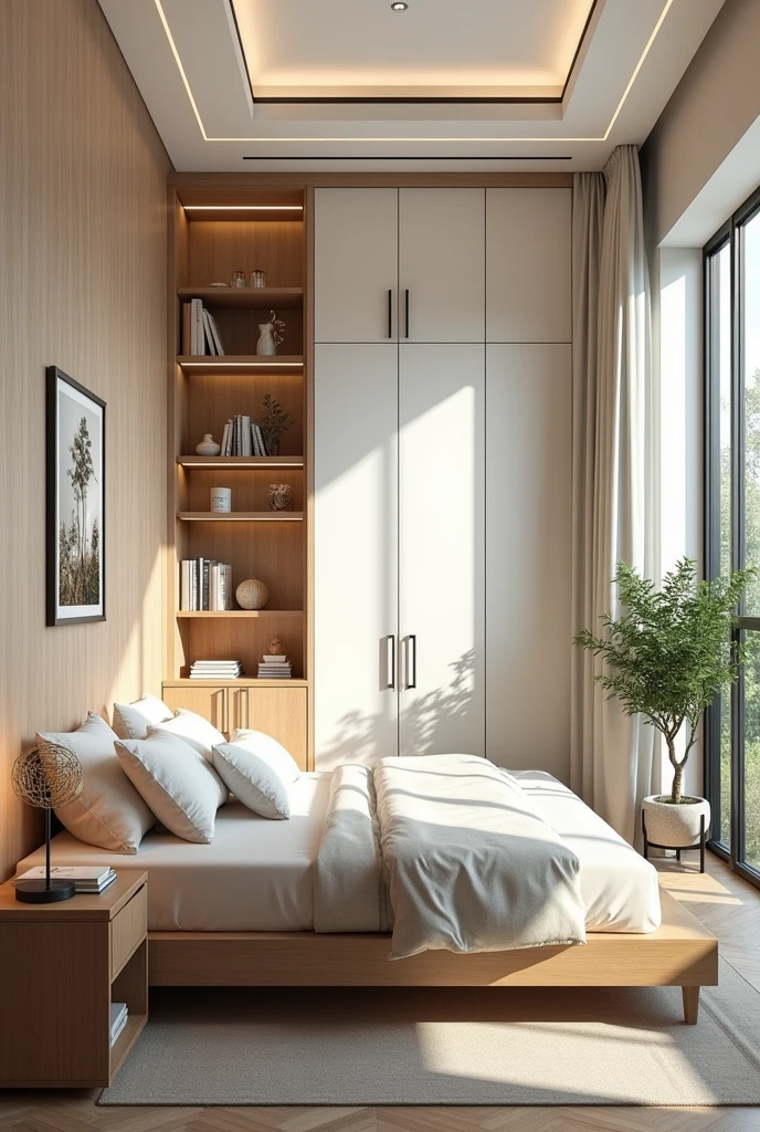 Create home furniture for 12 feet by 100 feet room which includes 3 full size cabinat and 1 6 feet by 6 feet bad and dressing unit and in room 6 feet by 7.5 feet long standing window and attached wash room