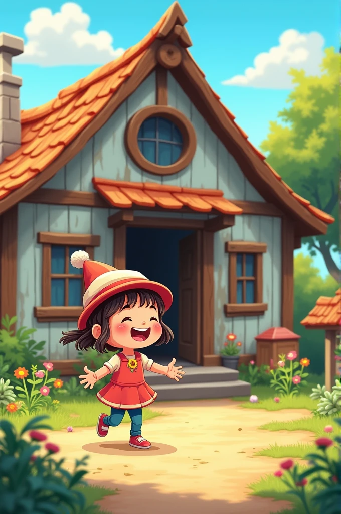 Cartoon theme, child playing in front of ols home ( in village