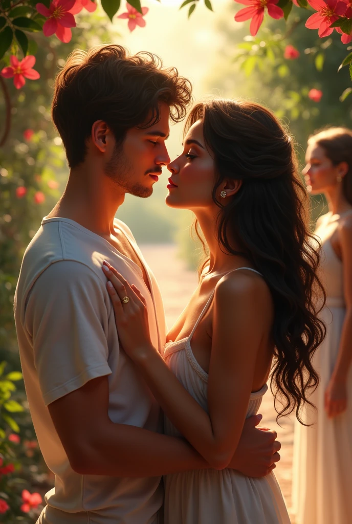 A realistic, wonderful scene of a baby-faced, handsome European man enthralled by a brown-skinned, beautiful Mediterranean woman. In the background, show an ugly Nordic woman acting jealous. Highlight the superiority of Mediterranean women.