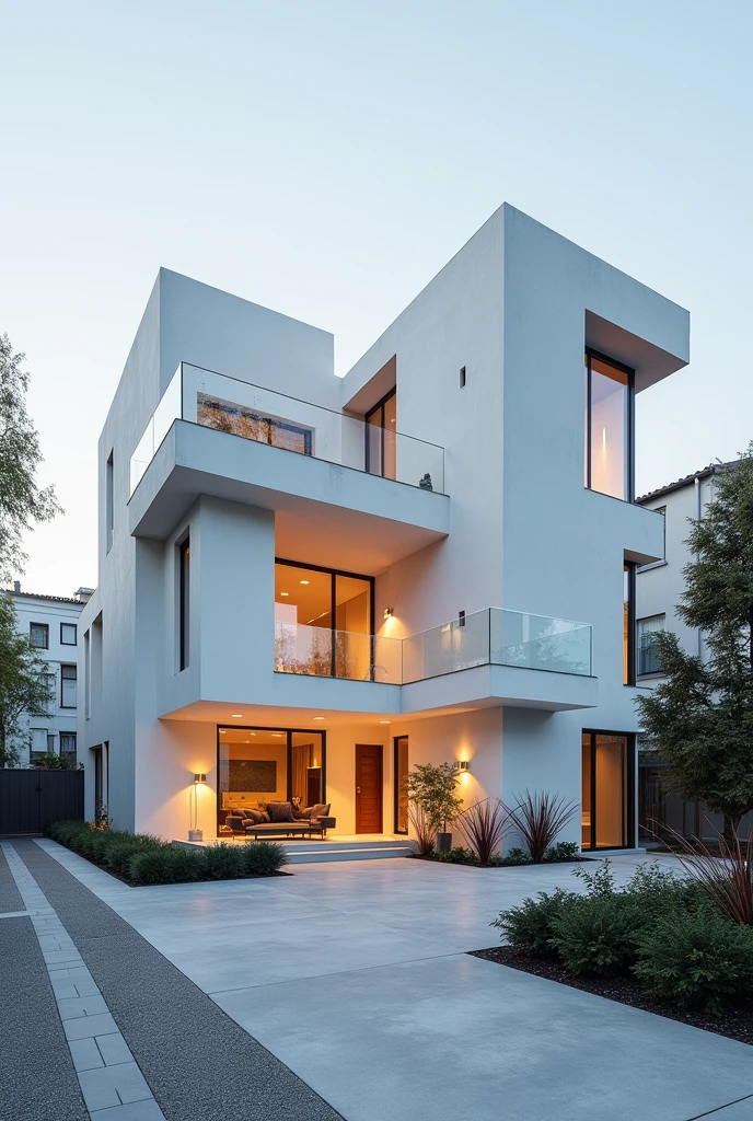 (photorealism:1.2),Residence, introspective architecture, designed by daniel libeskind style, city, white concrete, exterior, warm, attractive, exterior shot, Photography, digital slr camera, pintrest, High Definition, Perspective 2 vanishing points