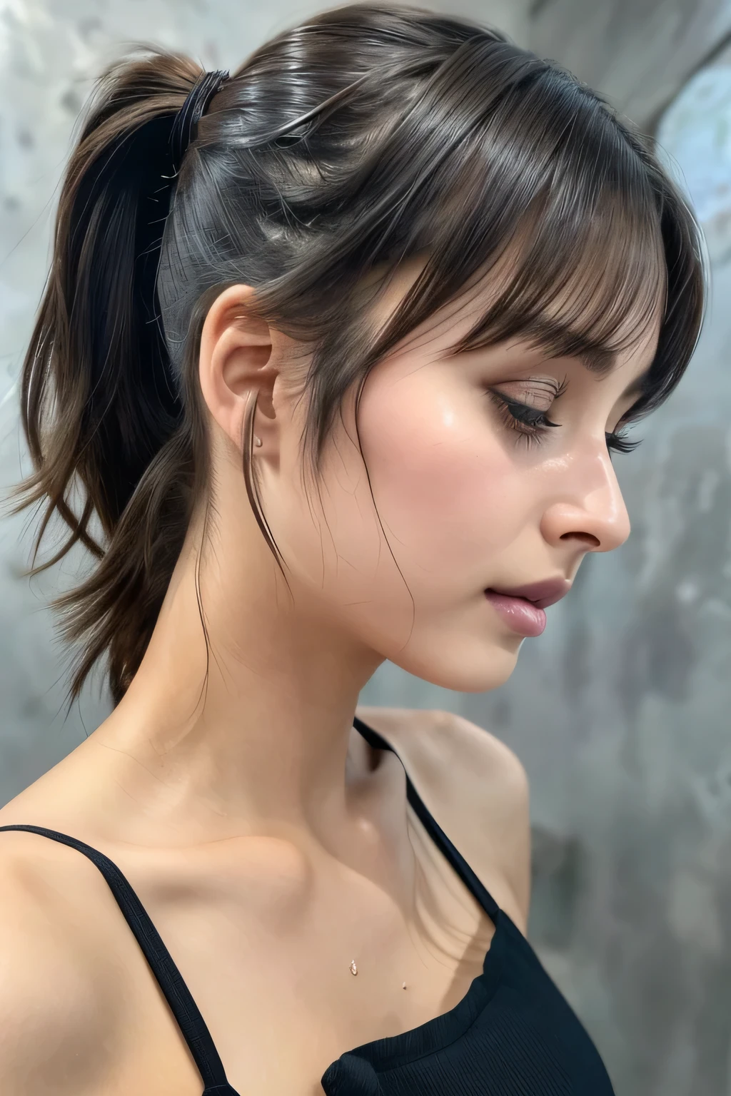 Taylor Hill、High resolution realistic photos,8k,Realistic skin texture,to be born々New People々々々々,1 girl,Tabletop,,Awards - Winning Photos, Very detailed, Close your eyes, Nose and mouth,Face Focus, Extreme close up of face、Woman with open mouth and closed eyes, Black camisole、20-year-old,Black-haired、Symmetrical face,Realistic nostrils、Angle from below、Elongated C-shaped nostrils,((Gray background))、Sweaty skin、Lighting that highlights glowing skin caused by sweat、((Sharp Nose))Skin shiny with sweat、Glowing Skin、Sweaty hair、sunlight、(Brow wrinkles)((Frowning))、((Thin eyebrows))((Oily skin、Glowing Skin))、double eyelid、Tied Hair、updo、Lift your head((Super wet skin))(((Profile with a wide nasal septum,nasal septum,profile)))