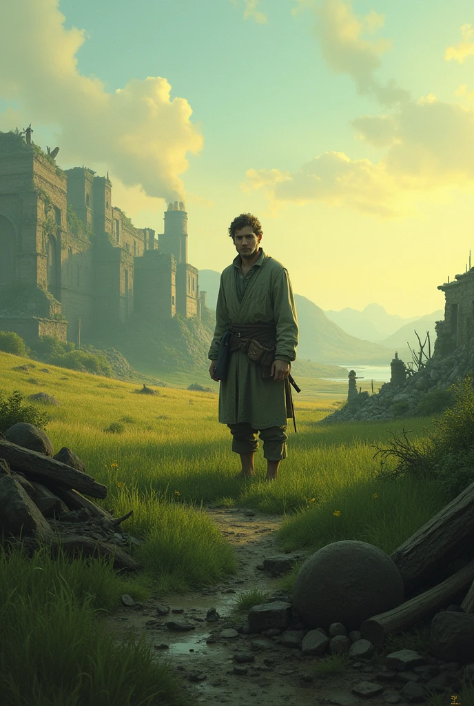Grassland and dawn, destroyed village, man