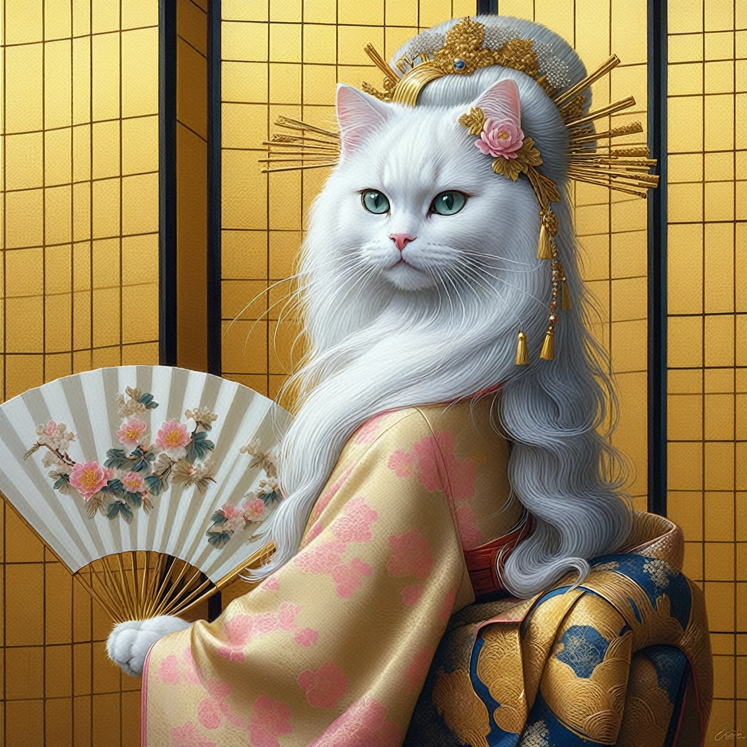 there is a White Cat with a gold crown and a fan, chie yoshii, Graceful cat, by Koson Ohara, Inspired by Koson Ohara, Beautiful Animals Queen of Pearls, anthropomorphic female cat, Inspired by Tosa Mitsunobu, Charming cat girl, White Cat girl, Japanese Art, Samurai Cat, White Cat, classical japanese art
