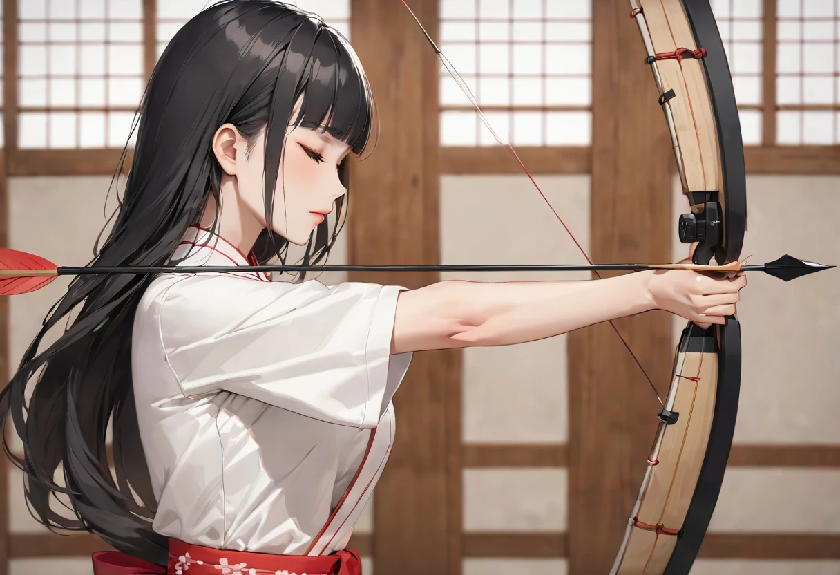 (((profile, standing Kyudo style))), (left hand holding a japanese long bow, Push forward left hand with japanese long bow, right hand with arrow), (solo:2, 15 yo) (detailed beautifu blunt bangs:1.3) (beautiful sexy black hair very long hair) (beautiful shrine maiden girl) (detailed sexy closed eyes) (serious face, glossy lip) (medium tits), break, in a white Kyudo uniform, break, in the japanese Archery range, BREAK, perfect anatomy, masterpiece, best quality, 16k, beautiful detailed grow, daydreaming expression.