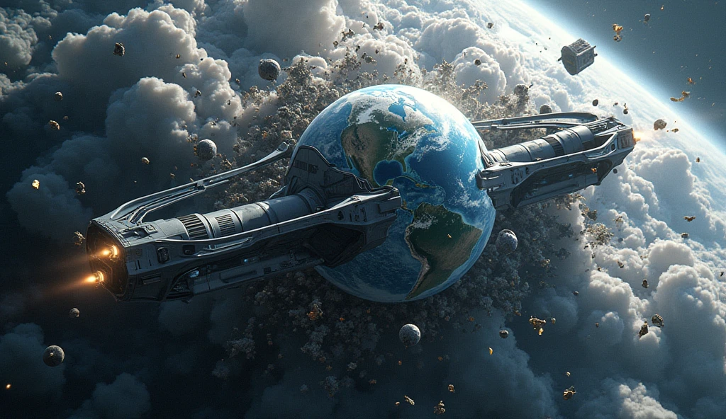 High resolution of inage of earth surrounded by a cloud of space debris and you can add futuristic spacecraft equipped with debris mitigation technology like robotic arm to collect space debris that are orbiting arohnd earth. Add space debria arouns earth then add spacecrfat that have robotic arm to collect this space junks. See add robotoc arms that os collecting this space junks