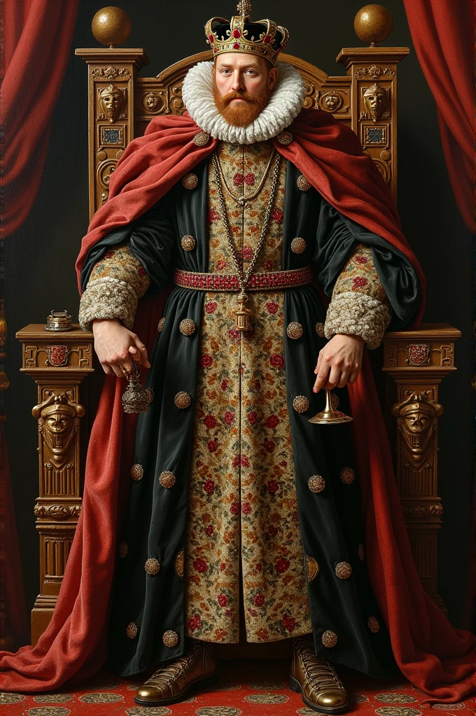 King Henry VIII: Illustrate the English king in luxurious Tudor-era clothing, wearing a fur-lined cloak, an elaborate crown adorned with rubies, and holding a jeweled scepter. His throne should be wooden, intricately carved with roses and the Tudor coat of arms. Include a large, ornate goblet on a small table next to him, representing his lavish lifestyle