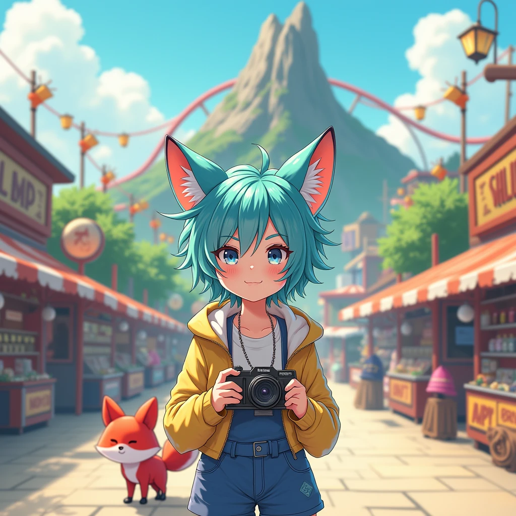 Create an outdoor portrait of a 28 year old Non-Binary man with short messy hair that is blue on one side and green on the other with shaved sides, wearing cute little fox ears. They are holding a digital video camera. They are dressed in tomboy fashion and look slightly masc, and standing in an amusement park that has a small mountain in the background with a rollercoaster around it (Canadas Wonderland). Shops and games on either side of the walkway they are on. Have a red fox companion visible somewhere in the image. 