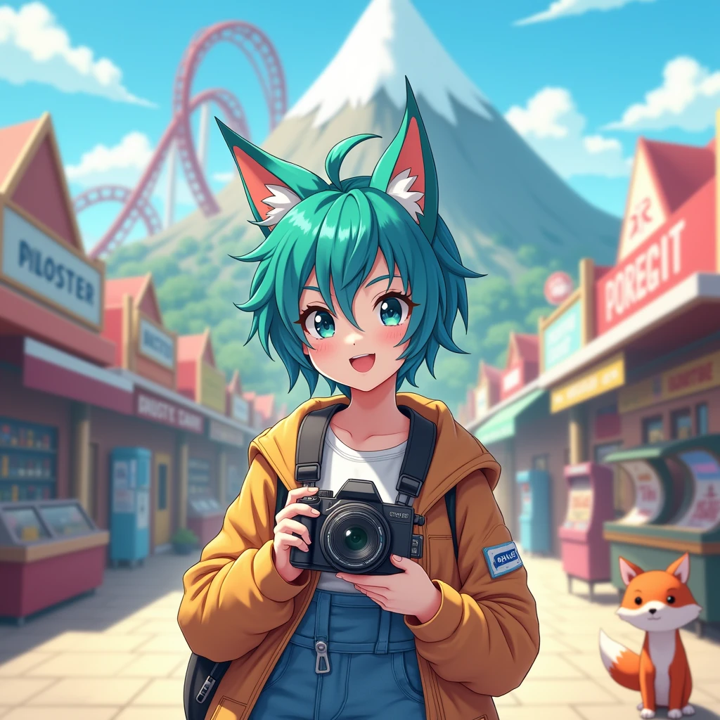 Create an outdoor portrait of a 28 year old Non-ry man with short messy hair that is blue on one side and green on the other with shaved sides, wearing cute little fox ears. They are holding a digital video camera. They are dressed in tomboy fashion and look slightly masc, and standing in an amusement park that has a small mountain in the background with a rollercoaster around it (Canadas Wonderland). Shops and games on either side of the walkway they are on. Have a red fox companion visible somewhere in the image.