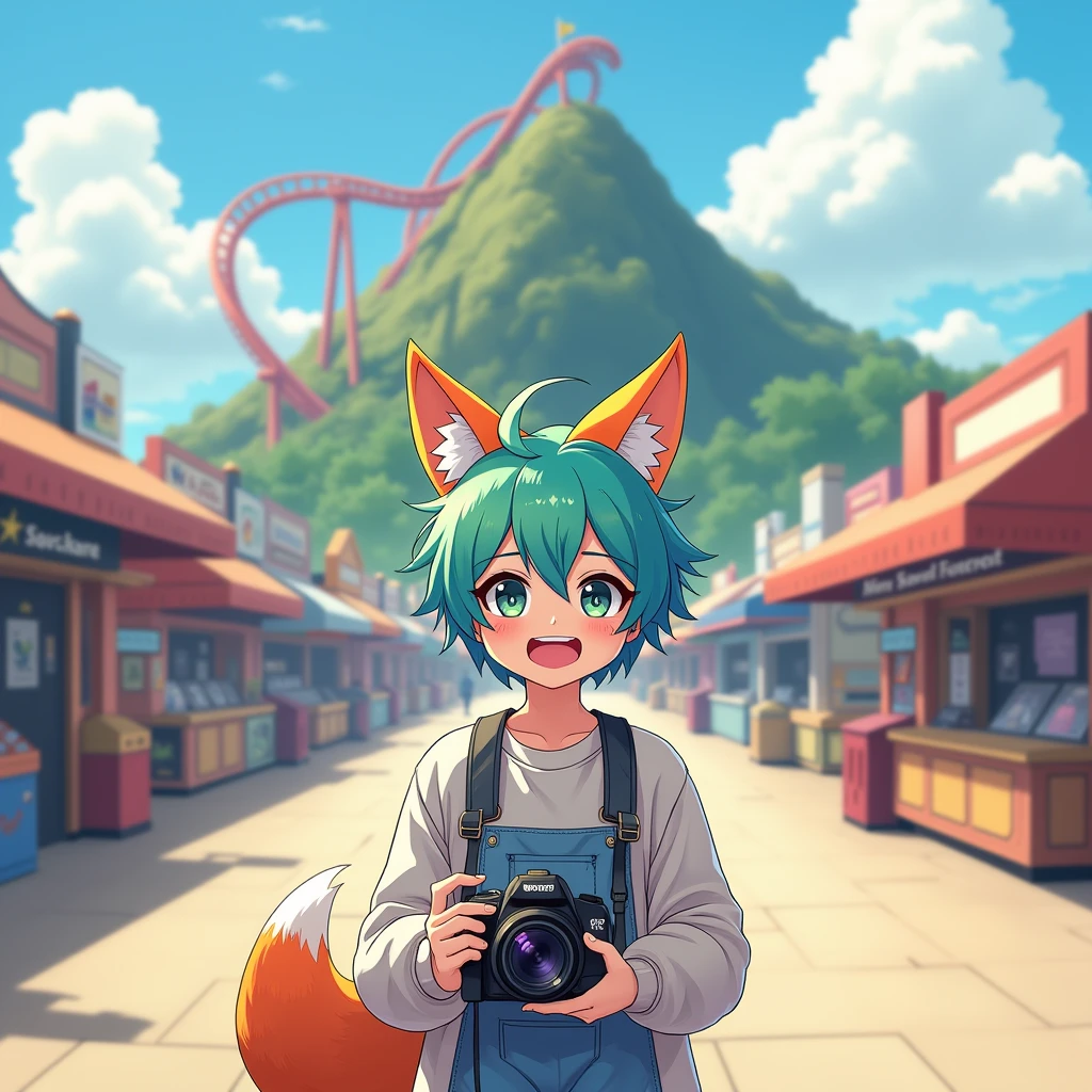 Create an outdoor portrait of a 28 year old Non-Binary man with short messy hair that is blue on one side and green on the other with shaved sides, wearing cute little fox ears. They are holding a digital video camera. They are dressed in tomboy fashion and look slightly masc, and standing in an amusement park that has a small mountain in the background with a rollercoaster around it (Canadas Wonderland). Shops and games on either side of the walkway they are on. Have a red fox companion visible somewhere in the image. 