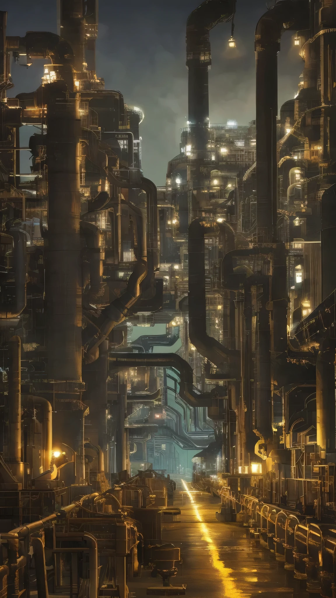 Background only、Night view of the factory、Shining、Petrochemical complex night view、Pipes cross、Pale white light、Looks like a photo、View from the sea、The futuristic factory、cyber punk、See the full picture、future、Beautiful lighting、Steampunk
