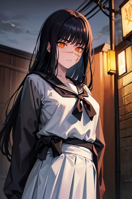 (night Mitaka)、uniform、(Big scar on face).Cool Beauty、Long black hair、Triumphant Face、skinny、From the waist up、(night)、Sailor suit、(Orange eyes).chainsaw man、(YoruMitaka)