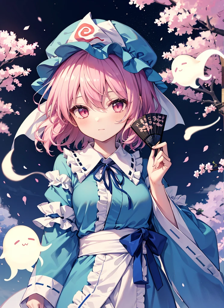 1girl, saigyouji yuyuko (touhou), pink eyes, short hair, wavy hair, pink hair, blue headwear, mob cap, neck ribbon, black ribbon, blue kimono, frilled kimono, obi, long sleeves, wide sleeves, frilled sleeves, sleeve garter, triangular headpiece, blue bow, waist bow, hitodama, ghost, folding fan, saigyouji yuyuko's fan design, shippou (pattern), goshoguruma, cherry blossoms