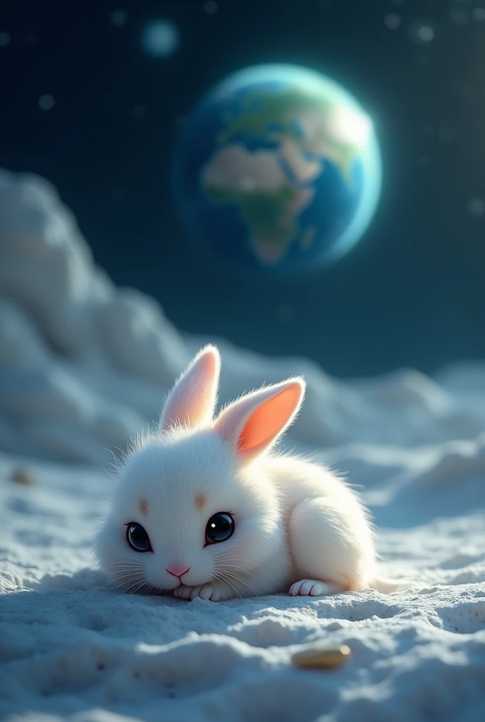 Please write a wallpaper with a picture of a cute fluffy rabbit on the moon。
