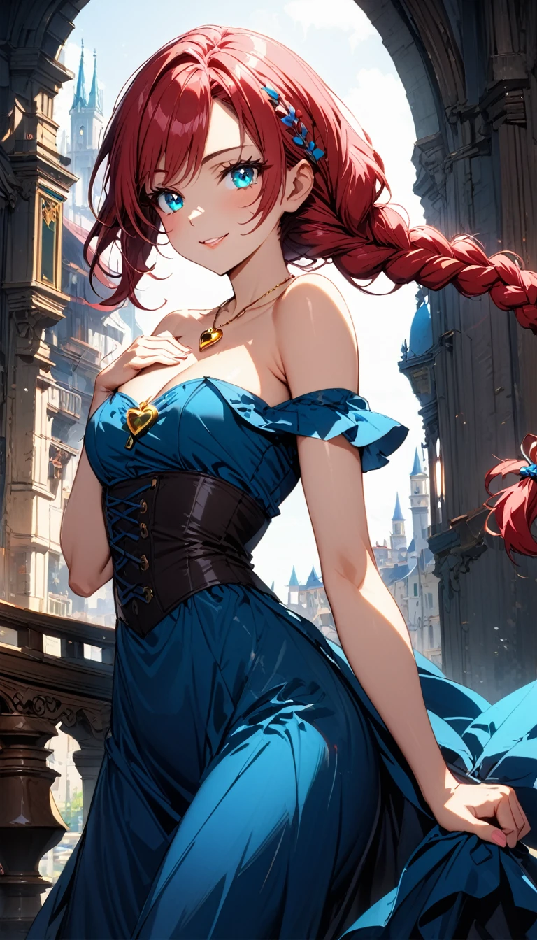 (masterpiece, very aesthetic:1.4), best quality, incredibly absurdres, Accurate, intricate, 8K, stunning, stylized, 
ultra-detailed, (incredibly detailed:1.2), fine texture, 
cinematic, recent, (vibrant), (clear pictures, clean lines, crisp edges), (illustration:1.2), (soft lighting:1.2), 
cowboy shot, 
BREAK 
1 beautiful girl, 18yo, small face, beautiful detailed face, narrow waist, The beauty and danger of growing from a girl to an adult, A symbol of miraculous beauty, Graceful posture, sensual, bewitching woman,  (cleavage:0.8), 
(burgundy red hair, a long single braid hair:1.4), smooth hair, asymmetrical bangs, 
BREAK 
 (aqua blue eyes), (beautiful detailed eyes:1.3), (slant eyes, glowing eyes, finely detailed irises, long delicate eyelashes:1.2), 
BREAK 
(navy blue  dress, off shoulder, Strapless dress, Sleeveless:1.3), (black corset), (a tiny heart-shaped golden colored ring pendant:1.4), 
BREAK 
 A fantasy world cityscape, sunny afternoon, A city resembling Venice with canals, (Leaning against the railing of a bridge over a large river), Bright lighting, Beautiful world, Blown by the gentle wind, Soft sunlight that induces afternoon drowsiness, 
BREAK 
gorgeous lips, natural pink lips, beautiful detailed lips, Glossy, 
(seductive smile:1.3), (looking side glance), (left hand on own chest:1.2), perfect eyes, 