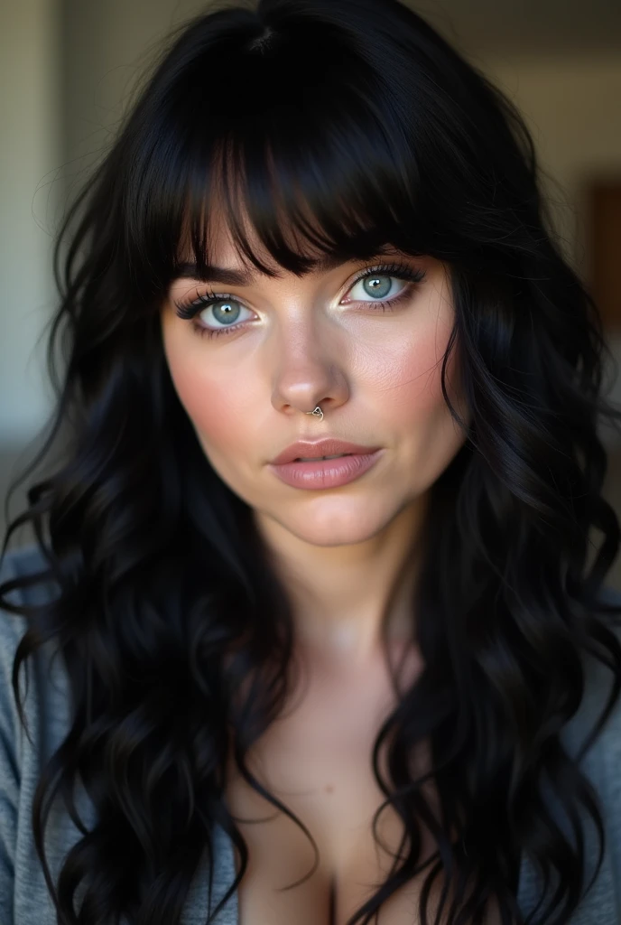 Chubby beautiful woman, septum piercing, black long hair with bangs, bright blue eyes
